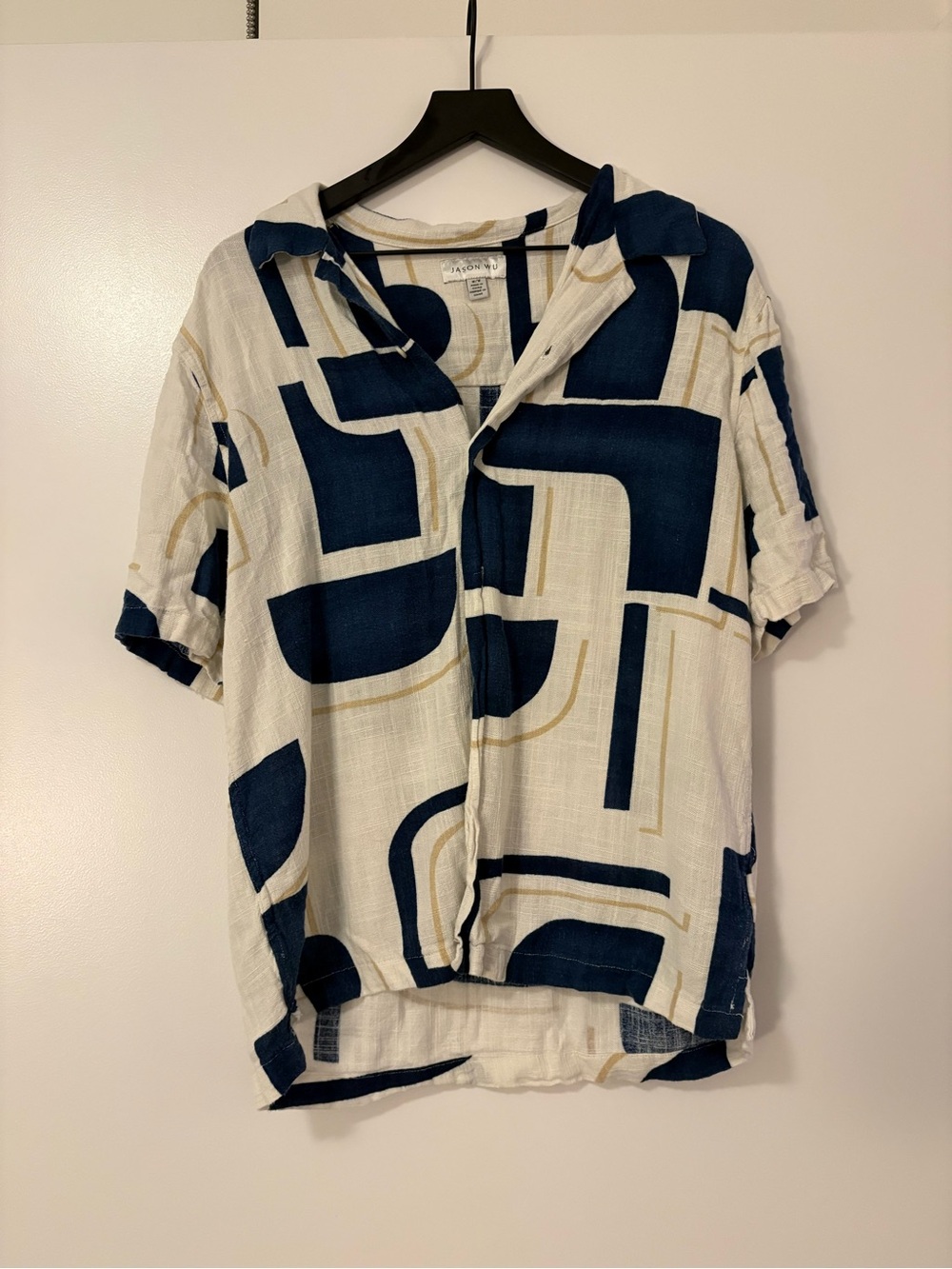 Jason Wu Navy & Cream Geometric Short-Sleeve Button-Down Shirt